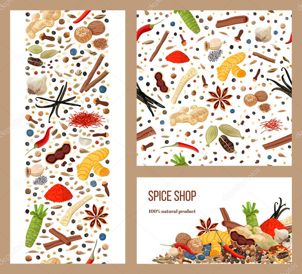 Realistic popular culinary spices. Labels set. Shop sign. stripes and cards