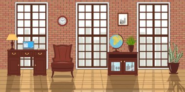 Çatı stüdyo iç döşenmiş. Büyük pencereler, kırmızı tuğla duvar