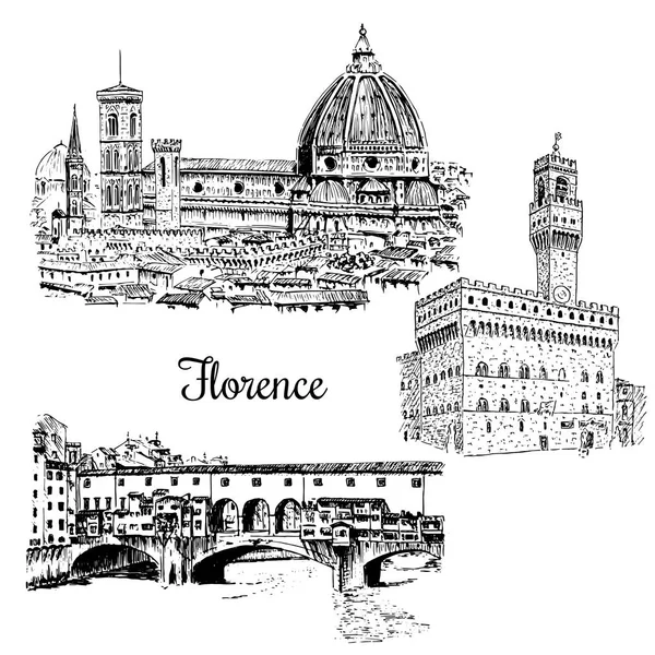 Conjunto de Florencia Ponte Vecchio puente en, Italia. Vector bosquejo dibujado a mano — Archivo Imágenes Vectoriales