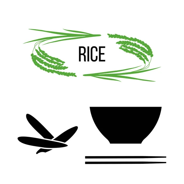 Conjunto de plantas de arroz e tigela com arroz de grão longo e pauzinhos — Vetor de Stock