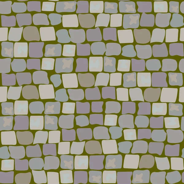 Vieilles pierres de pavage avec mousse et gazon. Texture de route motif sans couture. mur de pierre, rue pavée avec herbe — Image vectorielle