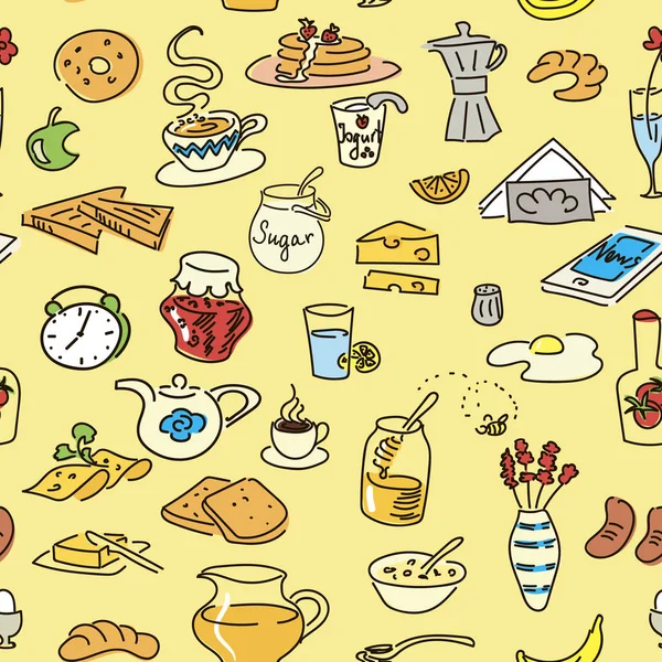 Morning breakfast doodle colored vector seamless pattern.