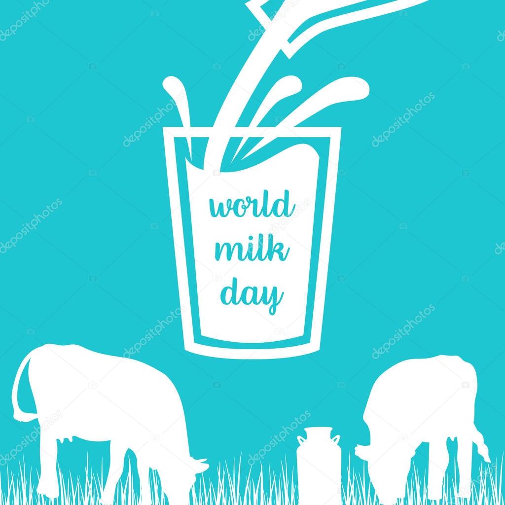 World milk day Cow, Milk pouring from a bottle in glass, silhouettes on Blue background. Concept idea for diary, Cattle farm. For logo, tag, banner, advertising, prints, design element, label