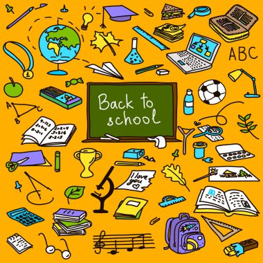 geri okula, el çizili renkli nesneler, kroki, doodle, vektör