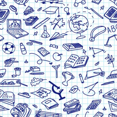 geri okula, çizili mavi mürekkep siluetleri kare kağıt, kroki, doodle, vektör seamless modeli el