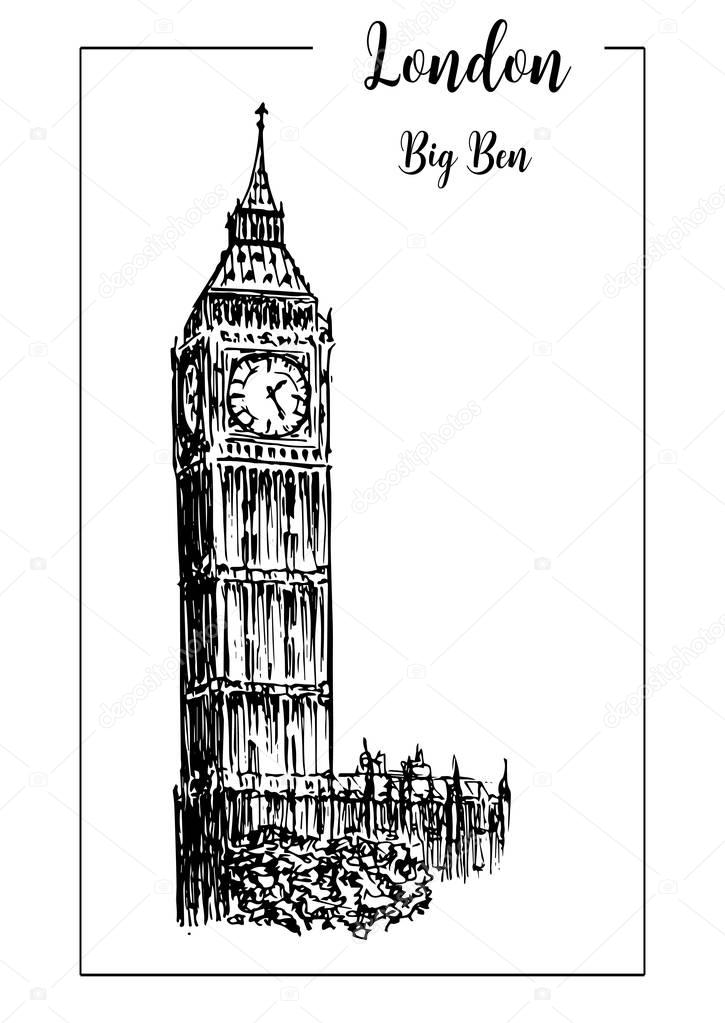 Big Ben or clock tower. London symbol. Beautiful hand drawn vector sketch illustration.