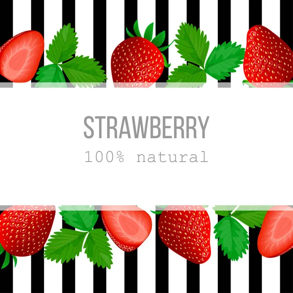 Strawberry Card with leaves. Vintage Label with red berrries and stripes. — Stock Vector