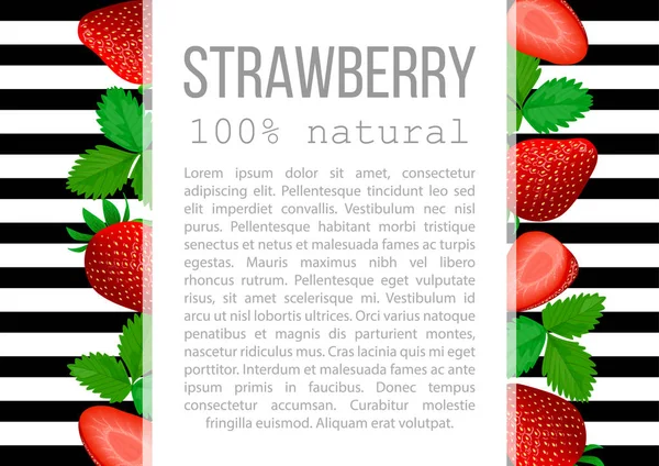 Erdbeere mit Blättern Etikettenset. gestreiftes Abzeichen mit Text. — Stockvektor