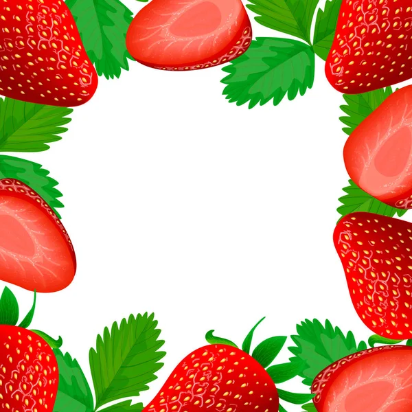 Vector card framed with colorful strawberries on white background and empty center — Stock Vector