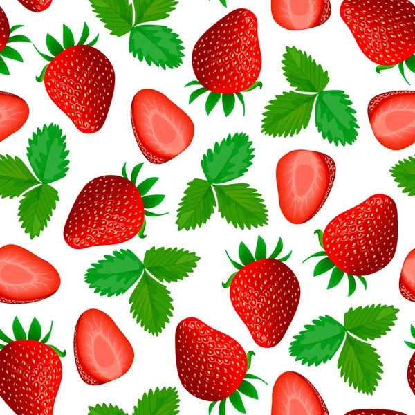 Reife saftige Erdbeere mit Blatt isoliert nahtlosen Mustervektor. ganz und in Scheiben schneiden — Stockvektor