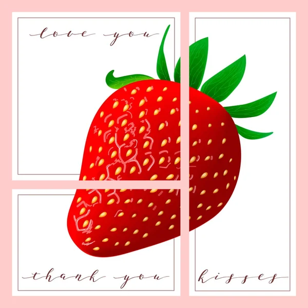 Set of cards with words love you and thank you, Strawberry on the background — Stock Vector