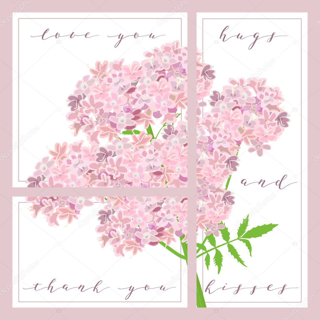 set of cards with words love you and thank you, cozy purple flowers on the background