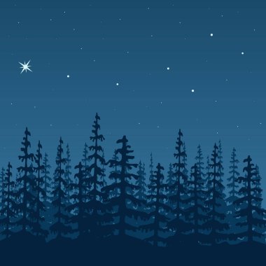 Orman silueti ile gece gökyüzü, yıldızlar, ahşap, ağaçlar, köknar, sis manzara. Vektör çizim