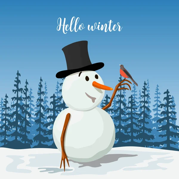 Dyrbara snögubbe i en hatt. Ler Frosty med en domherre fågel. Soliga landskap med silhuetten av skog. Vektorillustration — Stock vektor