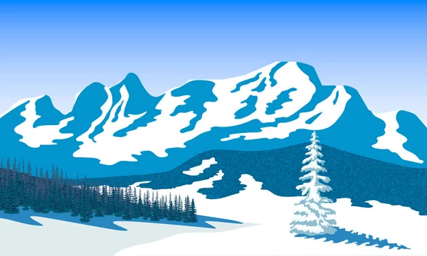 Winter landscape with silhouettes of mountains and forest. Snow and shadows. Vector illustration