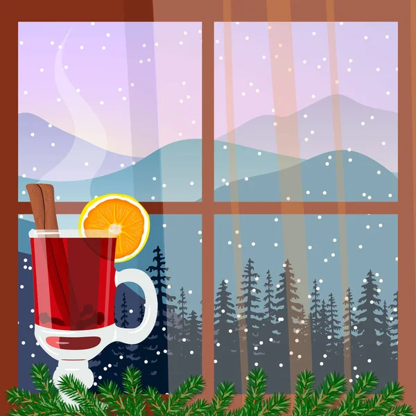 Ventana decorada de Navidad con vino caliente caliente caliente. Paisaje invernal con siluetas de montañas y bosque. Ilustración vectorial — Vector de stock
