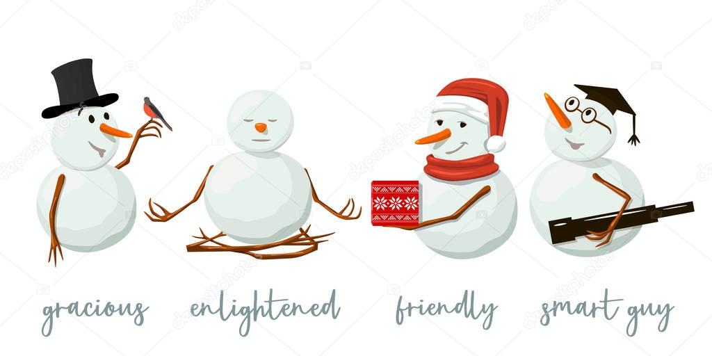 Set of different Snowmen. Precious frosty, gracious with gift, enlightened, friendly, squint, bird, yoga. Isolated.