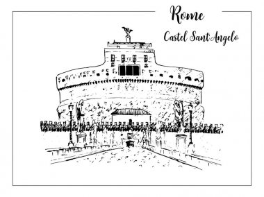 Roma cityscape. Aziz Angelo Kalesi manzarası. mimari sembolü. Güzel elle çizilmiş vektör kroki çizim. İtalya.