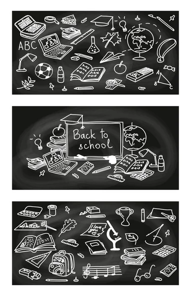 Powrót do szkoły, ręcznie rysowane 3 w 1 zestaw. szkic, doodle, wektor. Kreda czarny deska stylu. — Wektor stockowy