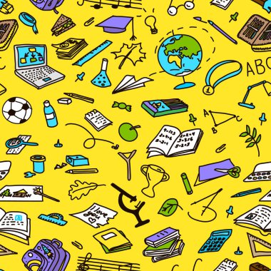 Eğitim nesneler sarı, kroki, doodle çizilmiş renkli siluetleri el,