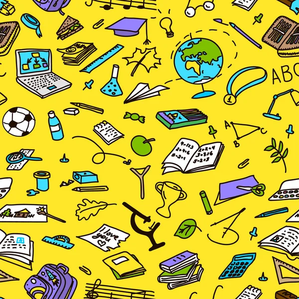 Eğitim nesneler sarı, kroki, doodle çizilmiş renkli siluetleri el,