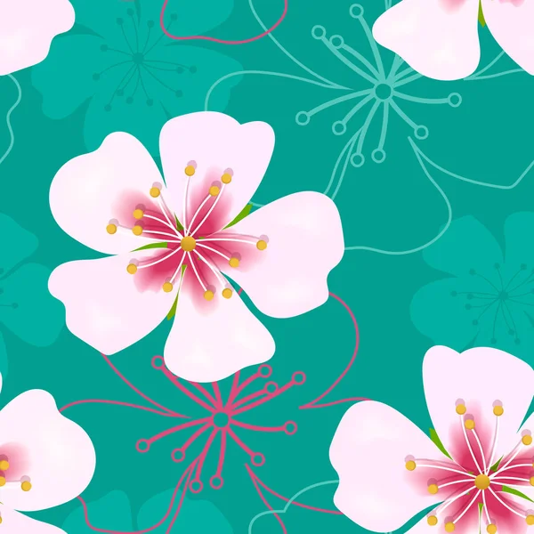 Tapete einfache niedliche nahtlose Muster. rosa Blüten auf grün. — Stockvektor