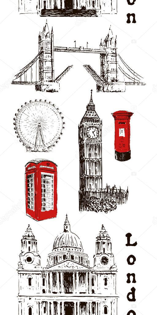 London architectural symbols: Big Ben, Tower Bridge, mail box, call box. St. Paul Cathedral. Vertical stripe seamless pattern