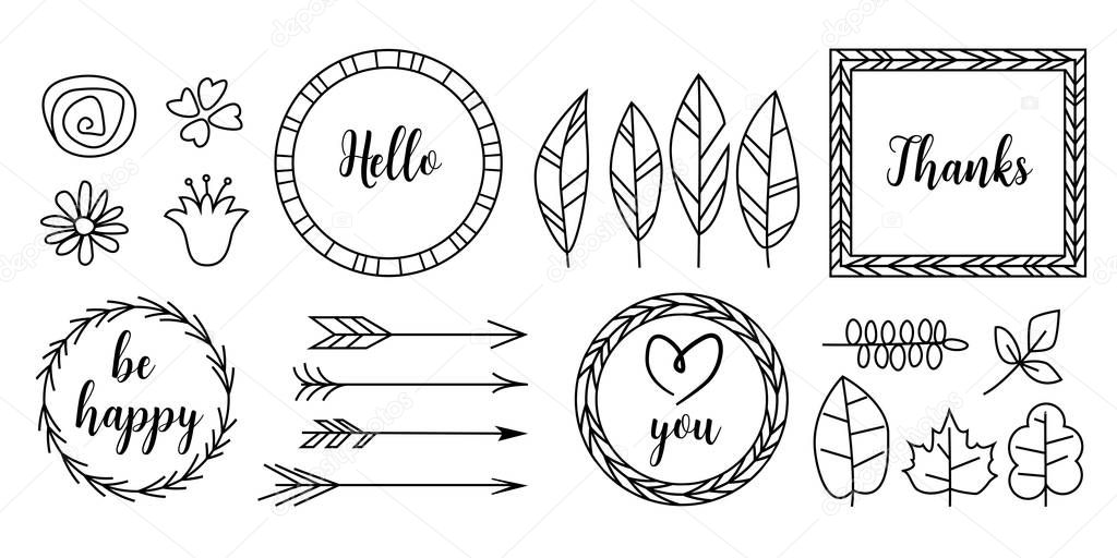 Retro vintage typographic design elements. Arrows, labels, ribbons, logo, symbols, calligraphy swirls, ornaments.