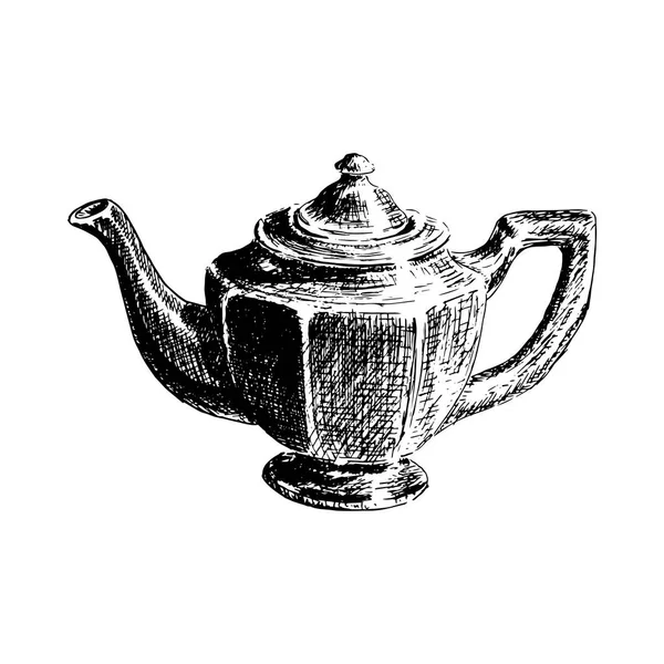 Pot à thé graphique dessiné à la main sur fond blanc. Illustrateur vectoriel de croquis d'ustensiles de cuisine — Image vectorielle
