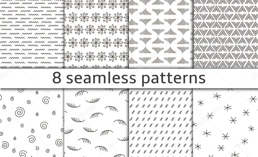 Set of 8 Modern abstract simple vector seamless patterns with monochrome trellis.