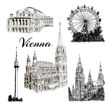 Viyana kümesi vektör elle çizilmiş mürekkep kalem kroki çizim semboller. Donauturm, Stephansdom, Rathaus, Prater