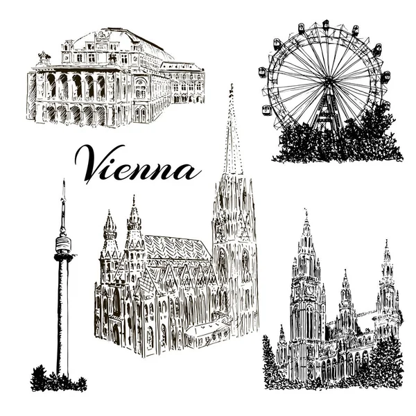 Viyana kümesi vektör elle çizilmiş mürekkep kalem kroki çizim semboller. Donauturm, Stephansdom, Rathaus, Prater