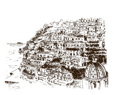 Positano, Amalfi Coast, Campania, Sorrento, İtalya. Güzel elle çizilmiş vektör kroki çizim
