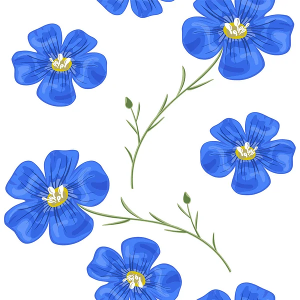 Flax blue flowers with stem. Seamless pattern. Vector illustration. — Stock Vector