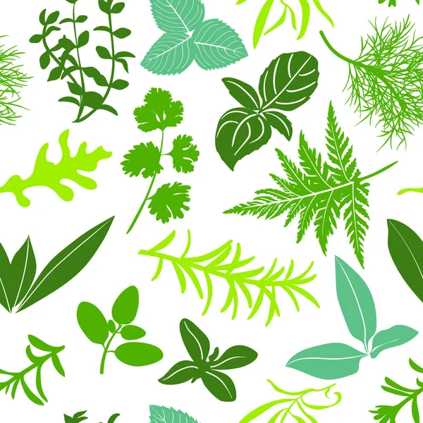Farm fresh culinary herbs on white seamless pattern vector. Salad mix cooking seasonings. — Stock Vector