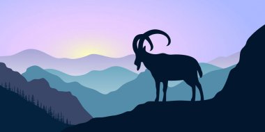 Mountains, alpine ibex and forest at sunrise. landscape with silhouettes clipart