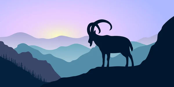 Montañas, ibex alpino y bosque al amanecer. paisaje con siluetas — Vector de stock