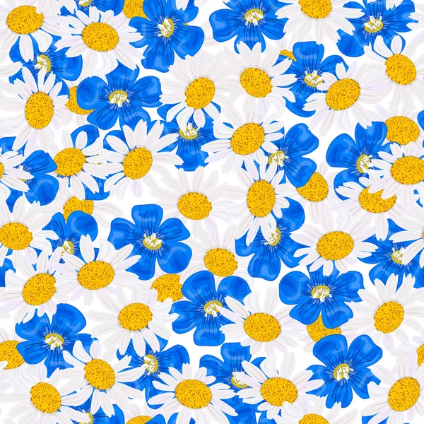 Daisy en blauwe bloemen, naadloze patroon Vector. vlas, kamille wildflower hoofden — Stockvector