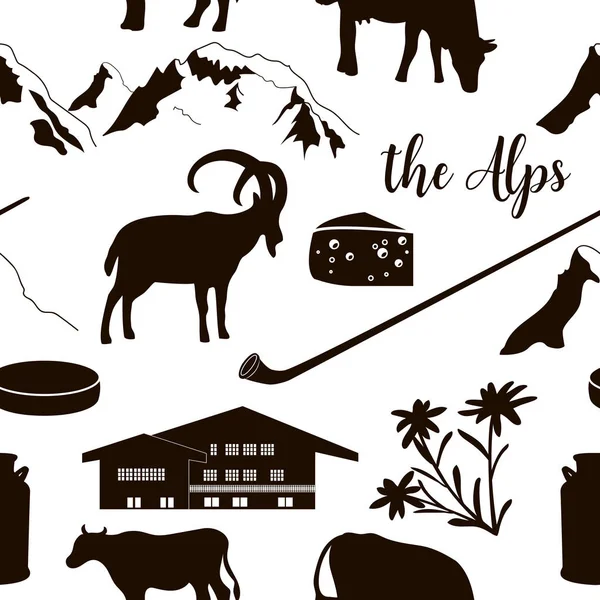 Los Alpes iconos planos patrón sin costuras. Montaña Matterhorn, ibex alpino, chalet, edelweiss, alpenhorn . — Archivo Imágenes Vectoriales