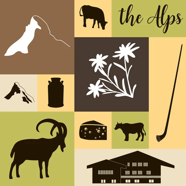 Los Alpes iconos planos. Mountain Matterhorn, Alpine ibex, chalet, edelweiss flowers, alpenhorn, milk, squared — Archivo Imágenes Vectoriales