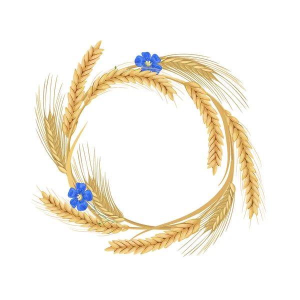 Corona hecha de flores de lino, trigo, cebada, avena y espigas de centeno. cereales con espigas y espacio libre — Vector de stock