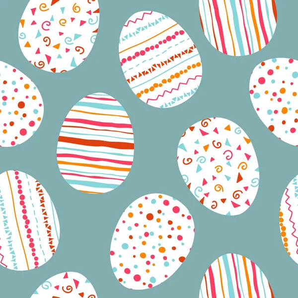 Ovos de Páscoa branco sem costura padrão com rosa simples, laranja, vermelho, listras azuis, pontos padrões, confete, ondas, floresce —  Vetores de Stock