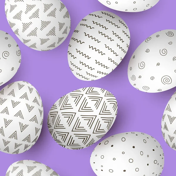 Ovos de Páscoa sem costura padrão. Conjunto de ovos de páscoa decorados de branco com ornamentos abstratos simples em roxo —  Vetores de Stock