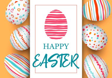 Mutlu paskalyalar. Festival Paskalya altın arka plan. Renkli yumurta zarif süsler ve etiket ile dikey çizgi