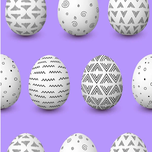 Buon Pasqua modello senza soluzione di continuità. Uova bianche di Pasqua con decorazione semplice monocromatica su viola — Vettoriale Stock