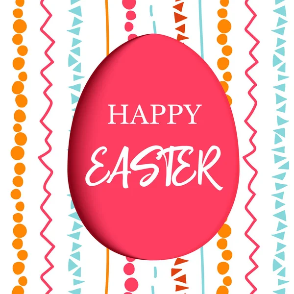 Feliz Pascua. Huevo rojo plano decorado con simples adornos abstractos. rayas simples de color rosa, naranja, rojo, azul , — Vector de stock