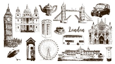 Londra sembolleri: Big Ben, Tower Bridge, otobüs, Muhafızı, posta kutusu, arama kutusu. St Paul Katedrali, çay, şemsiye, westminster.