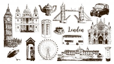 Londra sembolleri: Big Ben, Tower Bridge, otobüs, Muhafızı, posta kutusu, arama kutusu. St Paul Katedrali, çay, şemsiye, westminster.