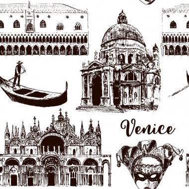 Venedik mimari semboller Dikişsiz desen vektör set: karnaval maskesi, palazzo, Bazilika, San Marco, gondol. Kroki