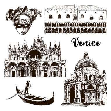 Venedik mimari semboller: karnaval maskesi, palazzo, Bazilika, San Marco, gondol vb çizilmiş vektör kroki çizim